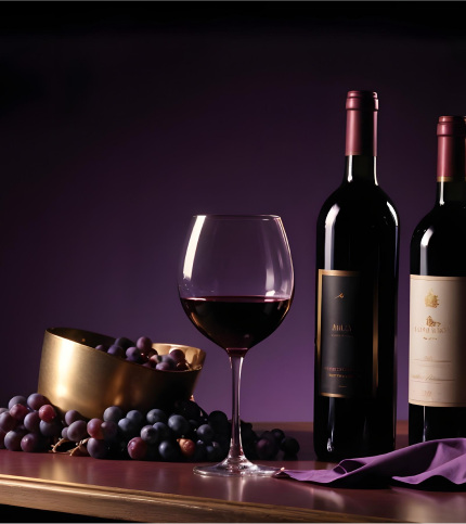 Luxurious Wine Table with Grapes and Bottles A table set with red wine glasses, wine bottles, and fresh grapes in a luxurious setting with purple accents.