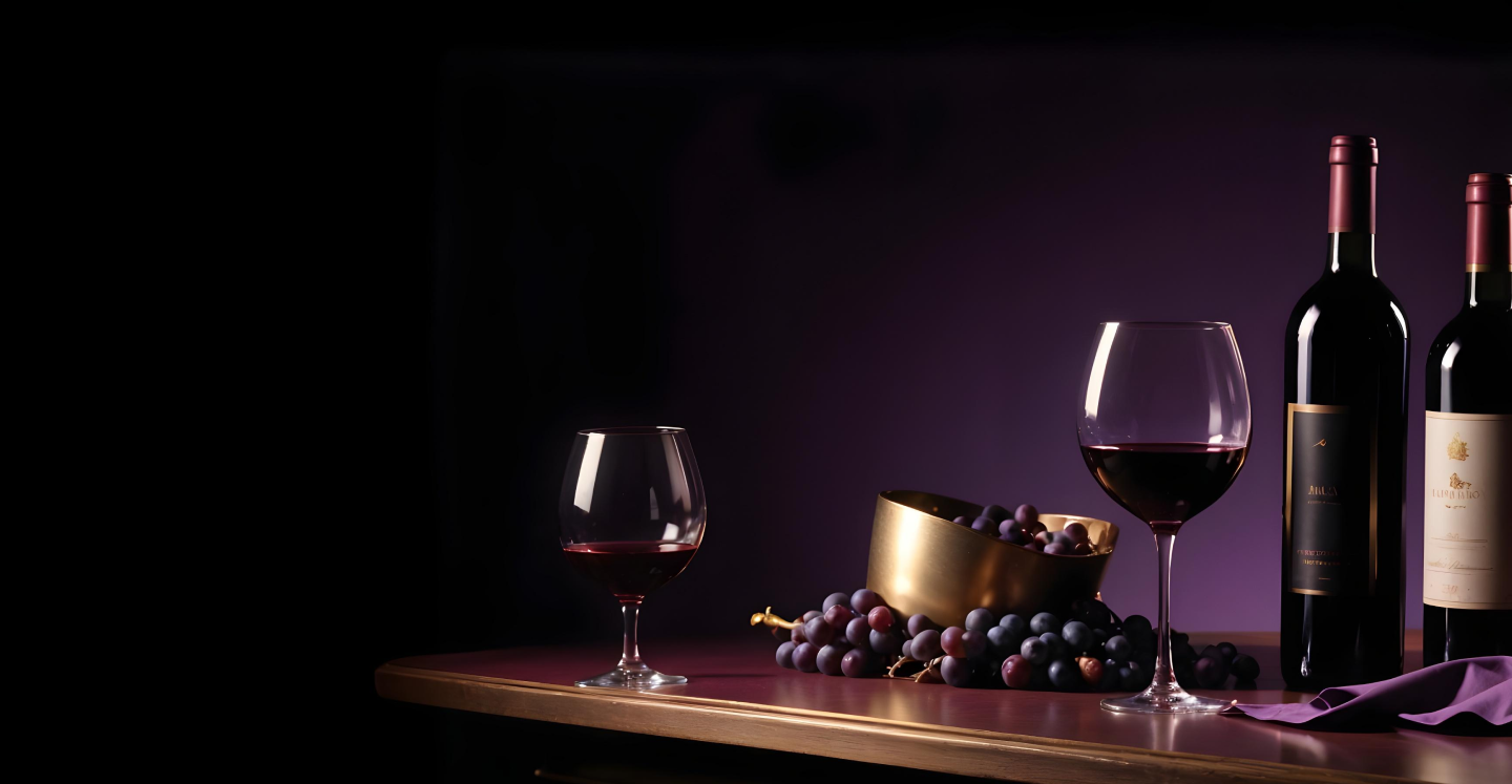 Luxurious Wine Table with Grapes and Bottles A table set with red wine glasses, wine bottles, and fresh grapes in a luxurious setting with purple accents.